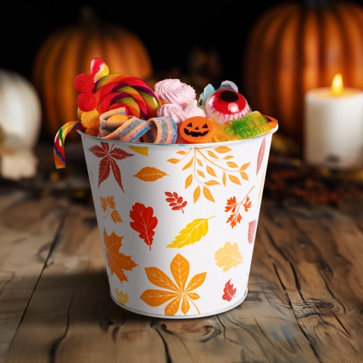 Seau métallique d’automne avec motif de feuilles