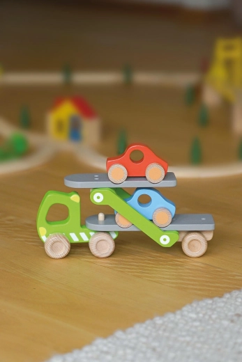 Transporteur de voitures en bois avec rampe basculante et 2 petites voitures - 1 pièce
