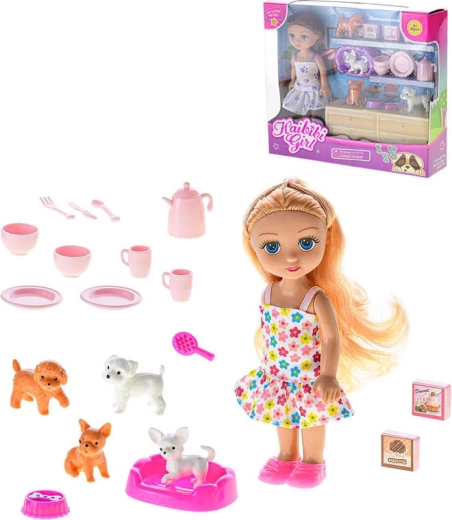 Set de jeu avec poupée 16 cm, chiens et vaisselle - 1 pièce
