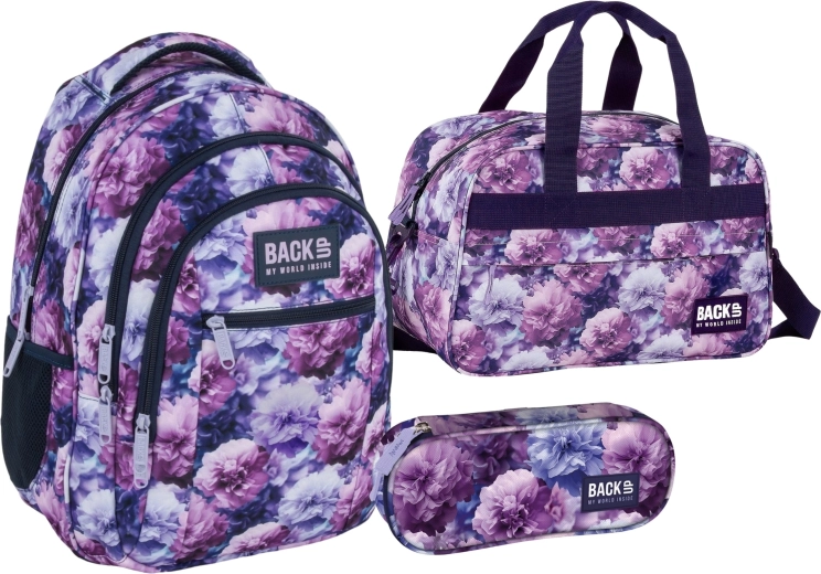 BackUP Violet Bloom set avantageux 3-en-1 : sac à dos scolaire, trousse et sac de sport