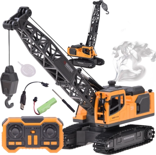 Grue sur chenilles télécommandée avec bras mobile, crochet et effet fumée - 1 pièce