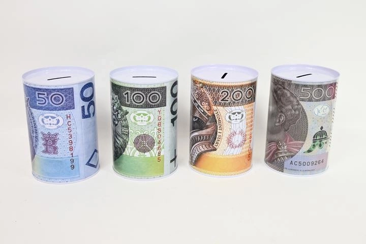 Tirelire en métal avec motif de billets de banque