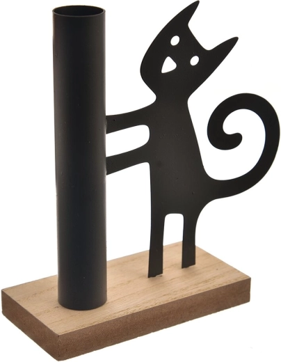 Bougeoir en bois et métal avec motif chat