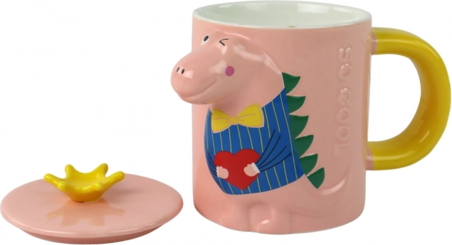 Mug en céramique avec couvercle et cuillère motif dinosaure rose 400 ml