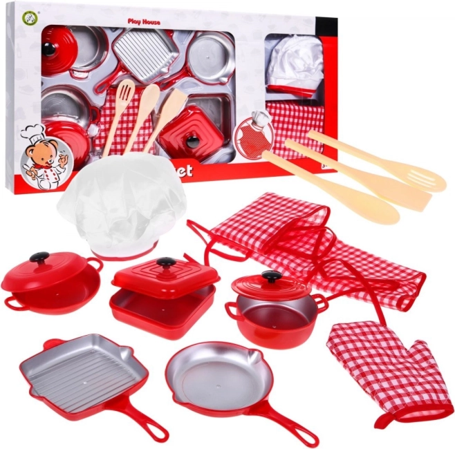 Ensemble rouge du petit chef pour enfants 3+ – costume de chef, casseroles et accessoires, 14 pièces