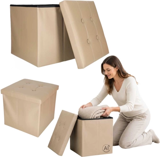 Pouf de rangement pliable en simili cuir beige 38 × 38 × 36 cm