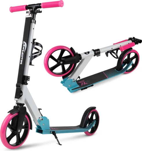 Trottinette pliable blanc‑rose‑bleu avec sangle