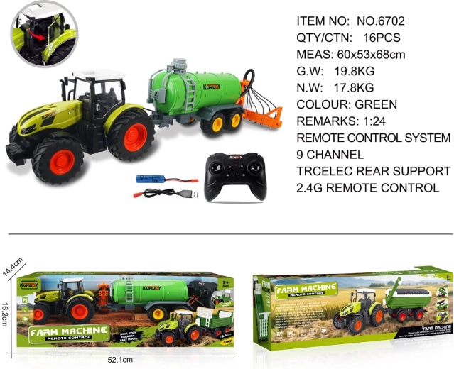 Tracteur télécommandé avec citerne verte et râteau à foin 1:24