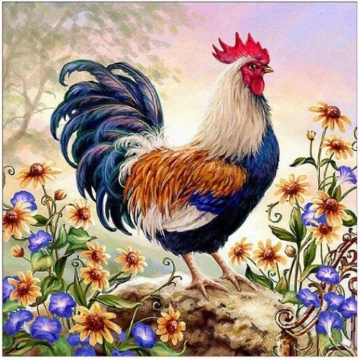 Broderie diamant (diamond painting) coq multicolore 30 × 30 cm