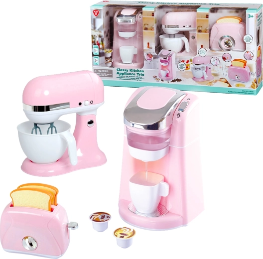 Playgo – trois appareils de cuisine stylés en rose (cafetière, mixeur, grille-pain)