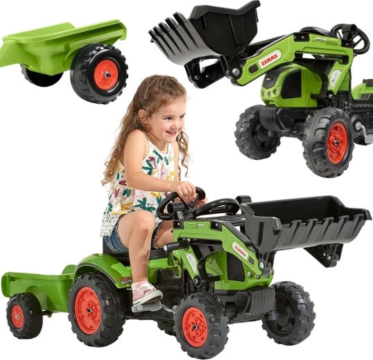 Tracteur à pédales Falk Claas Arion 410 avec chargeur et remorque pour enfants de 2 à 5 ans