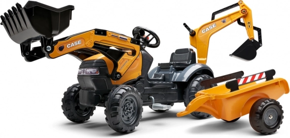 Tracteur à pédales CASE avec pelle avant, rétro excavatrice arrière et remorque détachable FALK Eco Design