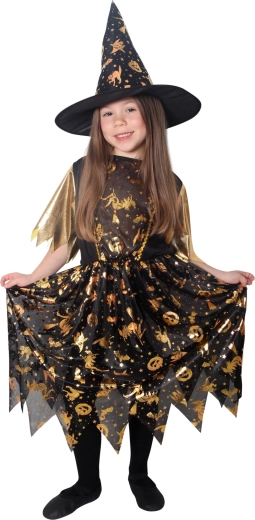Costume de sorcière pour enfant noir et or avec chapeau (taille S)