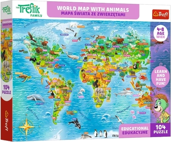Puzzle éducatif pour enfants Carte du monde avec des animaux (104 pièces)