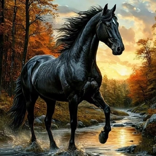 Norimpex peinture diamant cheval noir dans un ruisseau 30 × 40 cm
