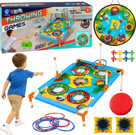 Jeu d’adresse 4 en 1 de lancer sur cible – cible, tableau de score, anneaux, sacs et frisbee