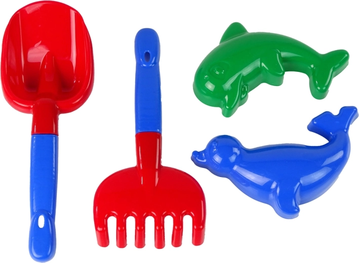Set de sable 4 pièces – pelle, râteau et moules dauphin et phoque