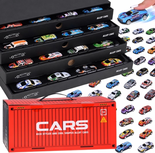 Ensemble de 48 petites voitures en métal à rétrofriction (pull-back), avec parking et piste de course