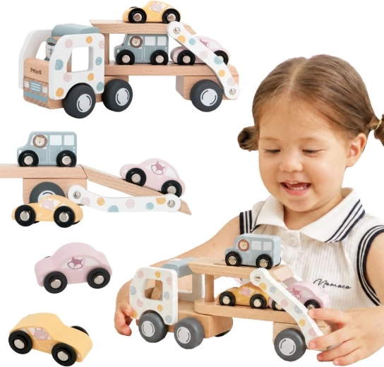 Transporteur de voitures en bois VIGA PolarB avec 3 voitures et un conducteur