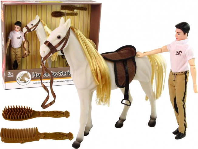 Poupée cavalière avec cheval blanc
