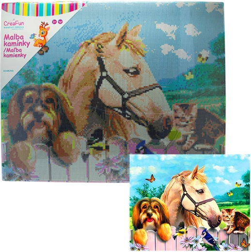 Peinture diamant – garçon, chien et chat 40 × 50 cm