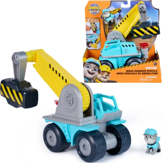 La Pat' Patrouille : La Super Équipe de Rubble, Motor, véhicule de chantier transformable avec marteau et figurine