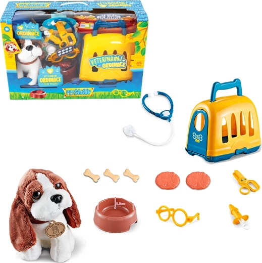 Set vétérinaire avec caisse de transport et beagle