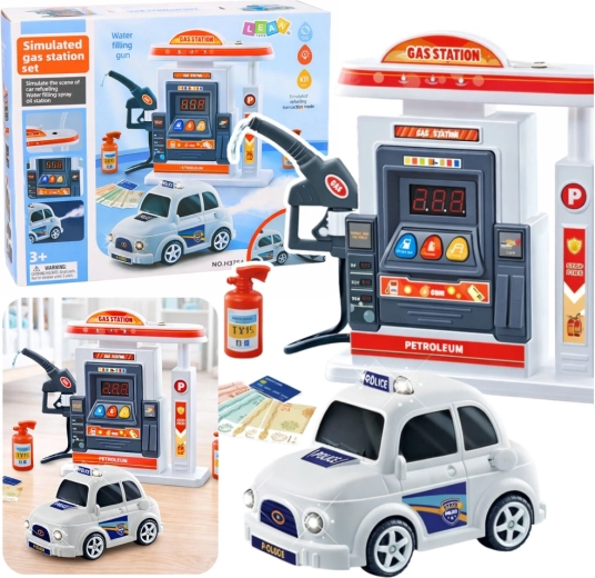 Station-service interactive avec petite voiture de police avec lumières, sons et brume d’eau
