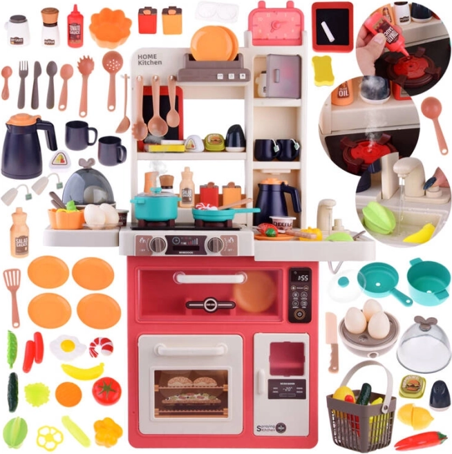 Cuisine pour enfants avec vapeur, lumières et sons, réfrigérateur et accessoires, 63 pièces