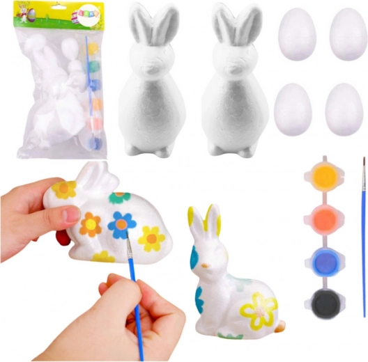 Ensemble pour peindre des décorations en polystyrène 2 lapins et 4 œufs avec peintures