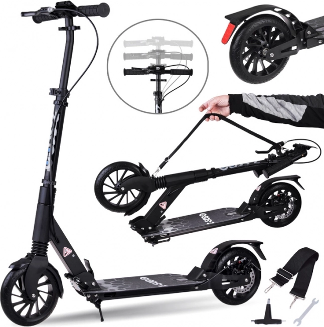 Grande trottinette urbaine pliable avec suspension et freins jusqu’à 100 kg – noir