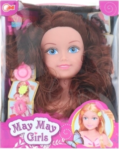 Tête à coiffer brunette pour coiffures d’enfants avec accessoires