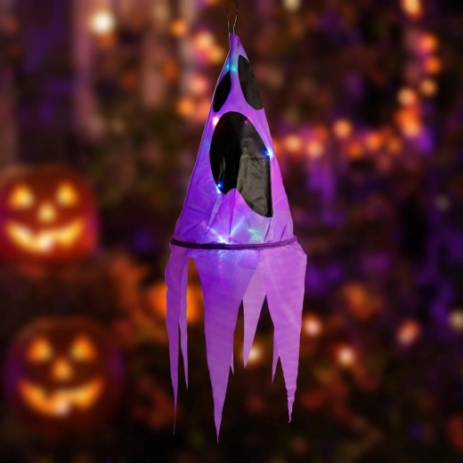 Décoration lumineuse suspendue d’Halloween en forme de fantôme violet avec 10 LED multicolores