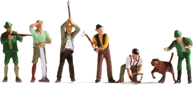 Noch set de figurines bûcherons et chasseurs H0 (6 figurines + chien)
