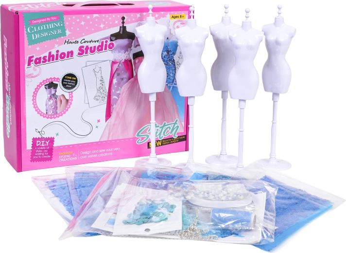 Kit créatif pour petites stylistes avec tissus bleus et accessoires