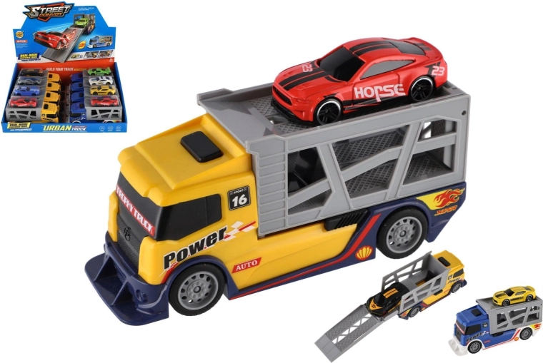 Camion porte-voiture en plastique avec voiture 15 cm, roue libre, 2 couleurs