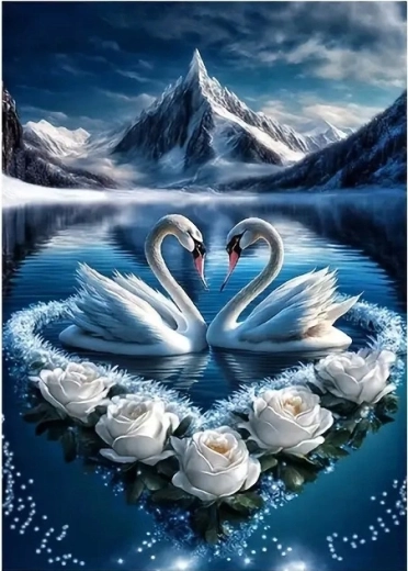 Peinture diamant – cygnes et fleurs blanches 30 × 40 cm