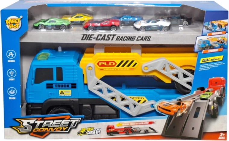 Camion porte-voitures avec rampe et 6 petites voitures de course