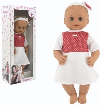 Poupée Hamiro à yeux dormeurs 50 cm avec corps rigide et robe blanche à pois rouges