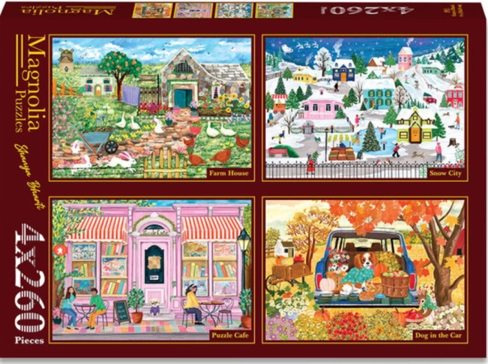 Puzzle Magnolia : domaine rural, ville enneigée, café enchanté et chien copilote (4×260 pièces)