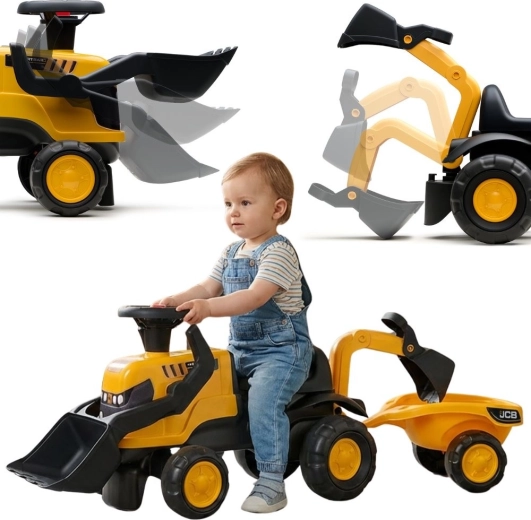 Porteur tracteur JCB avec remorque, pelle et râteau pour enfants 1–3 ans
