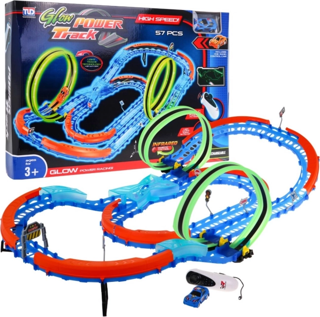 Piste de course fluorescente + petite voiture LED + loopings 360 + piste pliable - 57 pièces