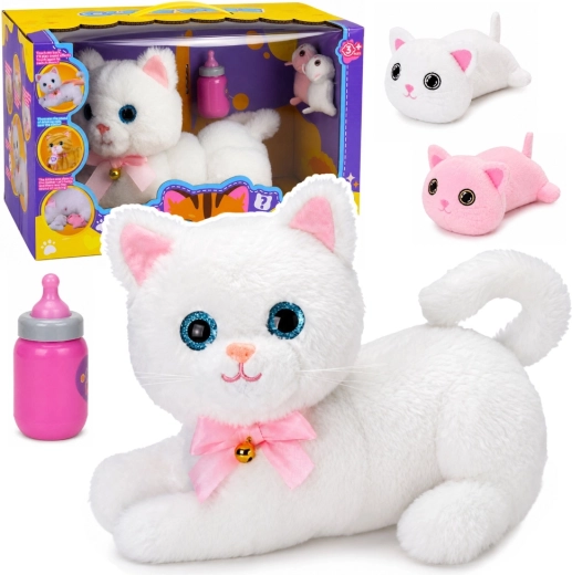 Chaton en peluche interactif avec biberon, sons, mélodies et enregistrement vocal, blanc - 1 pièce