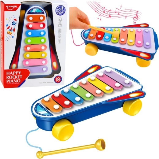 Petit piano xylophone fusée sur roulettes – bleu