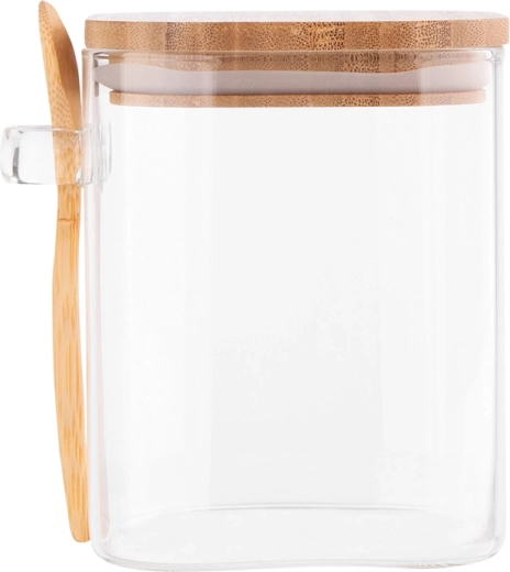 Boîte carrée en verre borosilicate 800 ml avec couvercle en bambou et cuillère