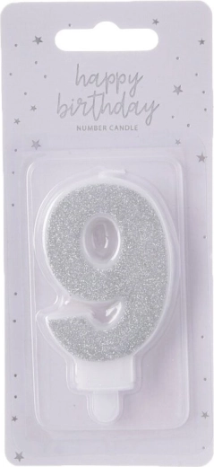 Bougie de gâteau argentée chiffre 9, 7 cm