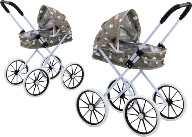 Poussette pour poupées avec toit pliant, grandes roues en mousse, grise avec des étoiles