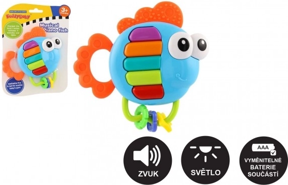Hochet musical et anneau de dentition en forme de poisson avec lumière et sons, 14 × 14 cm, dès 3 mois