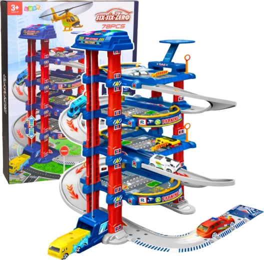 Grand parking à plusieurs niveaux avec ascenseur électrique et piste pour petites voitures