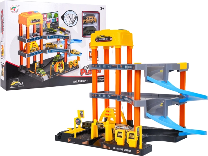 Garage pour enfants à plusieurs niveaux avec ascenseur électrique, station de lavage et 2 petites voitures